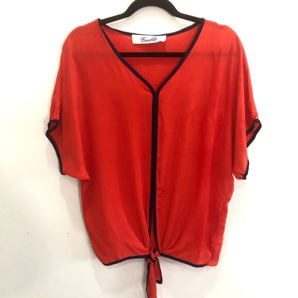 Emmelee Sheer Bright Contrast Orange Tie Front Top Size Small Oversized‎ Popover - Picture 1 of 7